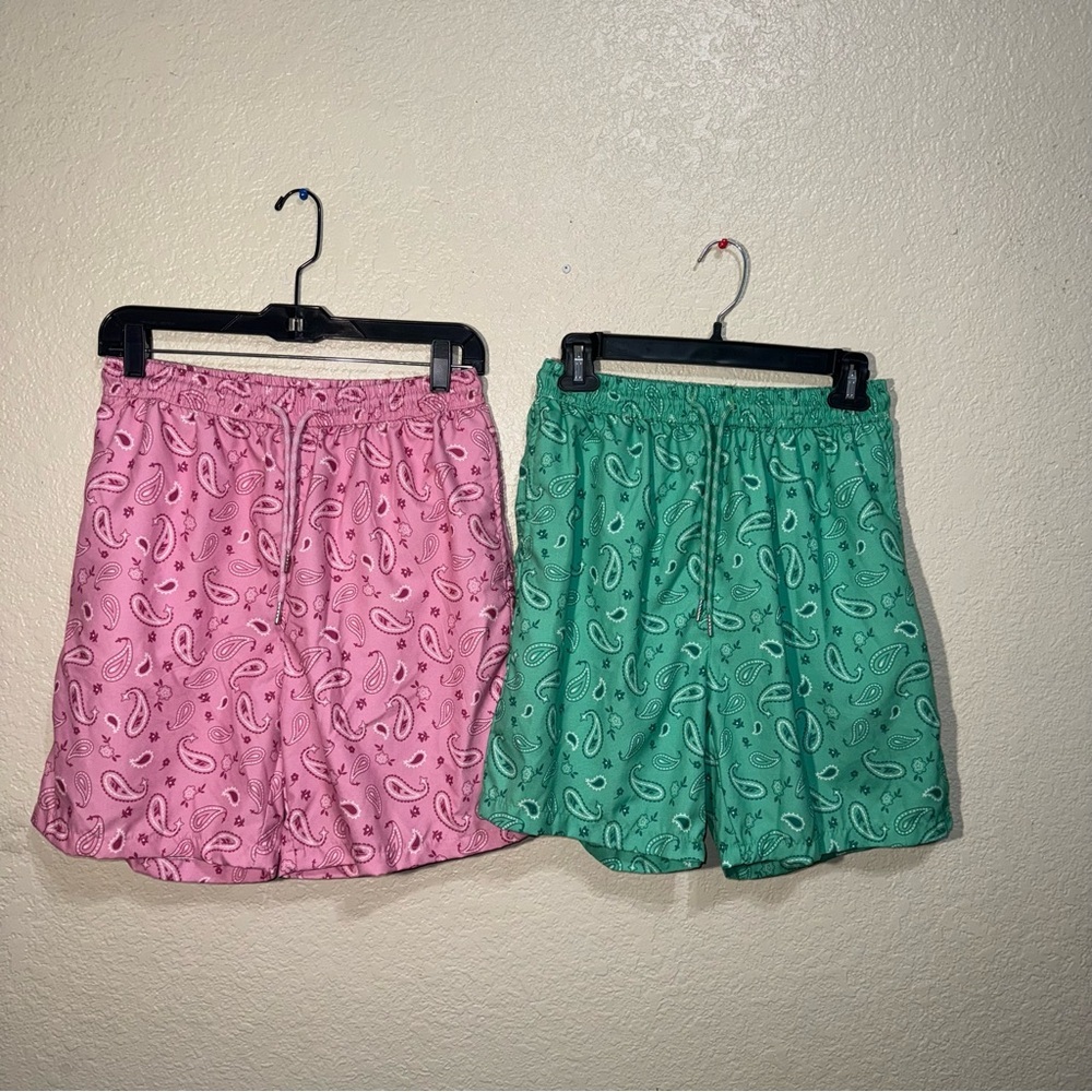 Men’s Paisley Swim Trunks Bundle M Pink Green Drawstring Summer Shorts